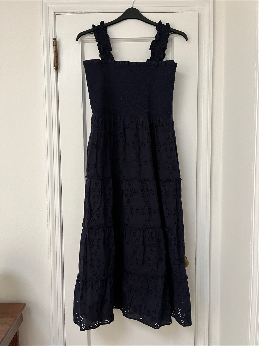 Quince Navy Smocked Eyelet Tiered Midi Dress - Picture 3 of 5